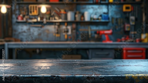 A blank, rough metal workshop desk with a blurred garage background, providing ample copy space for showcasing products or creative ideas in a man cave studio.