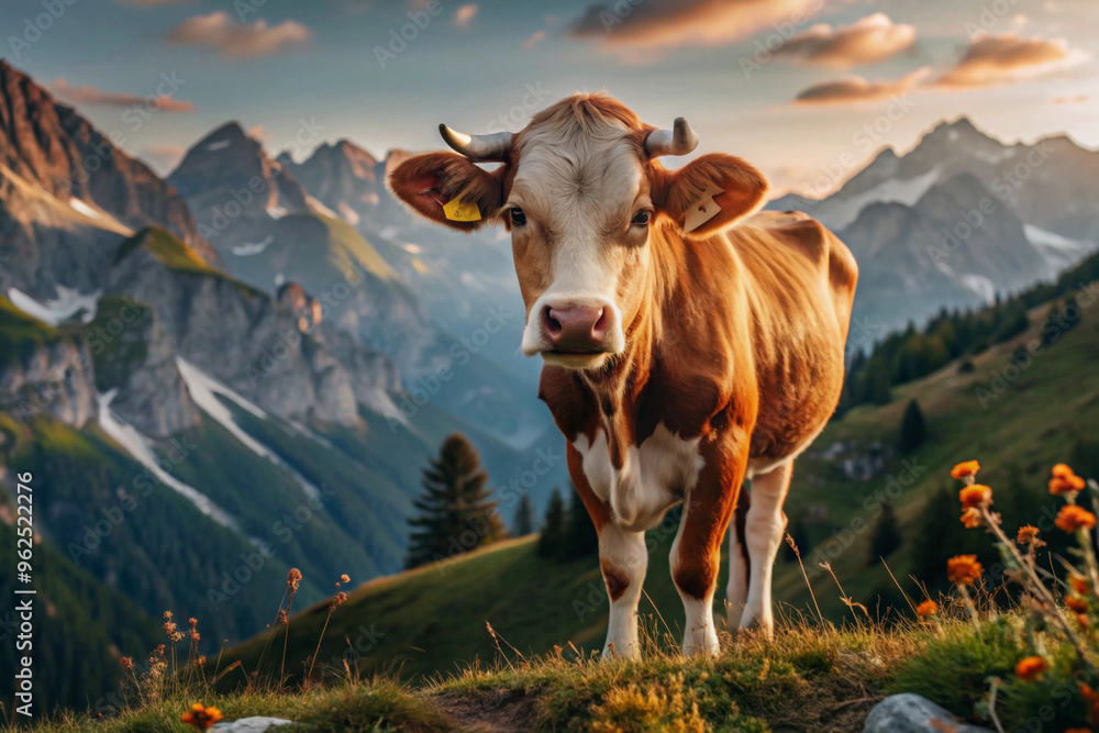 Cow Standing on a Mountain Ridge at Sunset Cow Standing on a Mountain Ridge at Sunset