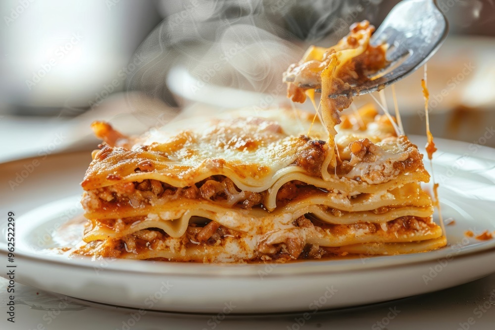 Fototapeta premium A closeup of a fork lifting a cheesy, gooey bite of lasagna from a plate, with steam rising, isolated on a white background with plenty of copy space