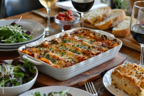 A beautifully set table with a lasagna dish as the centerpiece, surrounded by fresh salad, garlic bread, and a glass of red wine, showcasing a complete meal