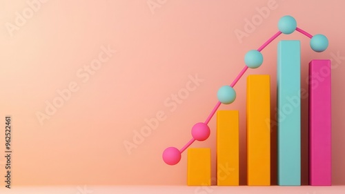 Linear regression, 3D chart with data points and bestfit line, 3D illustration