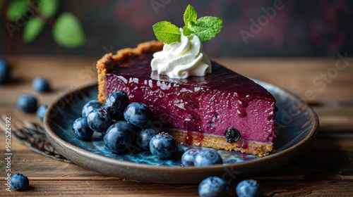 An elegant presentation of a blueberry cheesecake on a fancy dessert plate, with a dollop of whipped cream and fresh blueberries, placed on a wooden table with copy space