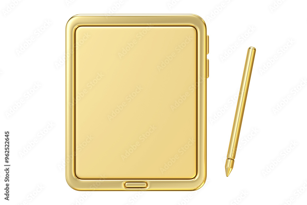 A golden tablet with a matching stylus, shown in clean 3D render. Perfect for creative tech-related themes or luxury branding, highlighting high-end, professional, and elegant digital tool