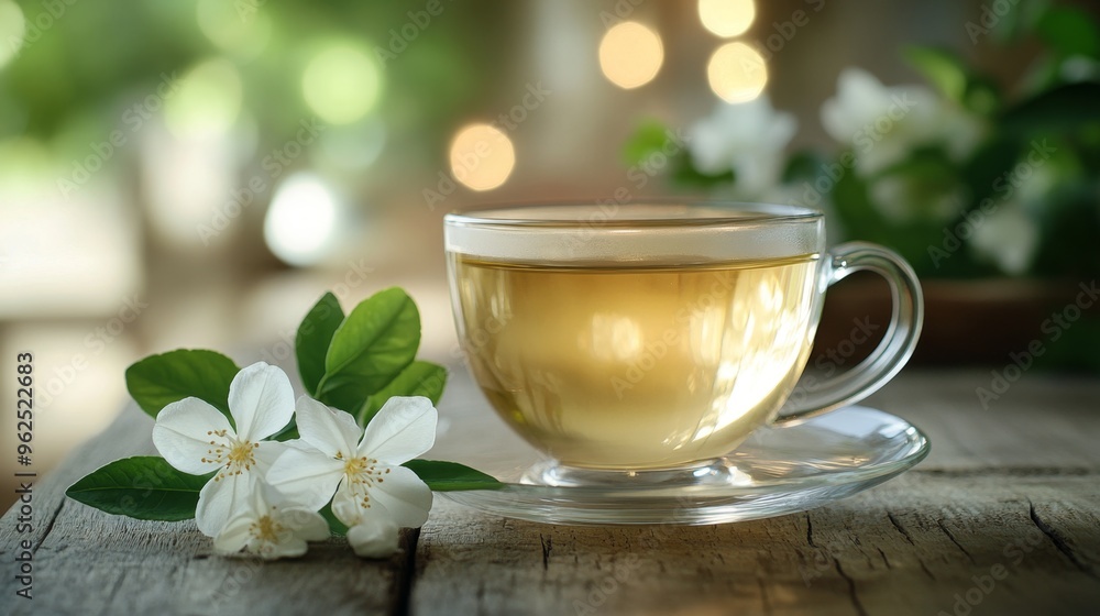 Serene Moment with Jasmine Tea - Cup of fragrant jasmine tea on wooden table with delicate jasmine flowers, cozy tea time scene Serene Moment with Jasmine Tea - Cup of fragrant jasmine tea on wooden table with delicate jasmine flowers, cozy tea time scene