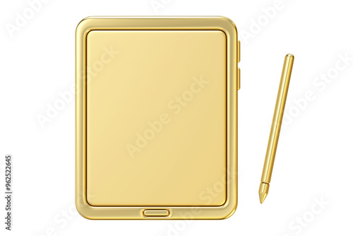 Obraz na płótnie A golden tablet with a matching stylus, shown in clean 3D render. Perfect for creative tech-related themes or luxury branding, highlighting high-end, professional, and elegant digital tool w salonie