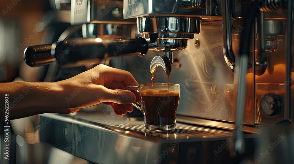 Close-up of a barista's hands operating a high-end coffee machine, with fresh coffee dripping into a cup. Close-up of a barista's hands operating a high-end coffee machine, with fresh coffee dripping into a cup.