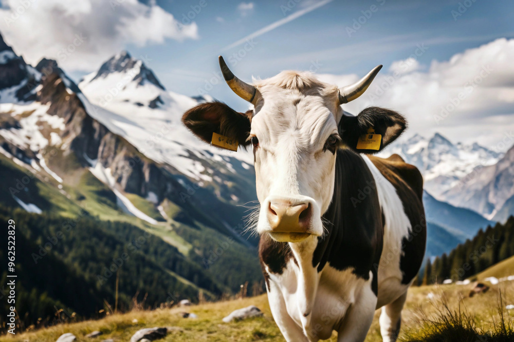 Close-up Portrait of a Cow with Snowy Mountains in the Background Close-up Portrait of a Cow with Snowy Mountains in the Background