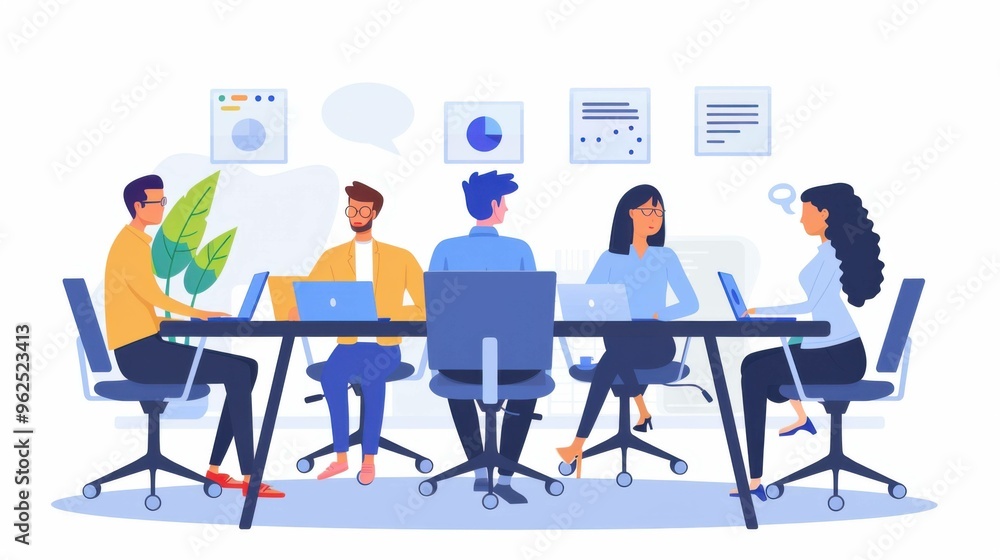 Office employees and freelancers in a virtual meeting, engaging in a video conference call. Coworkers at a negotiation table, focused on the display with remote colleagues speaking. Office employees and freelancers in a virtual meeting, engaging in a video conference call. Coworkers at a negotiation table, focused on the display with remote colleagues speaking.