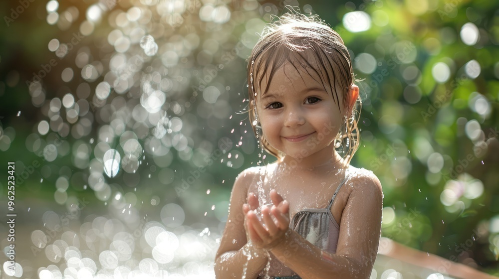 Joyful Youngster Sprinkles and Splashes in the Backyard with a Garden Hose Joyful Youngster Sprinkles and Splashes in the Backyard with a Garden Hose