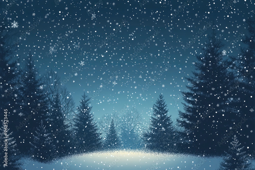 Fototapeta premium Christmas Background,Winter Night sky dark blue with starry,snowy in woodland landscape with firs,coniferous forest pine and falling snow,Vector Banner for Xmas, with generative ai