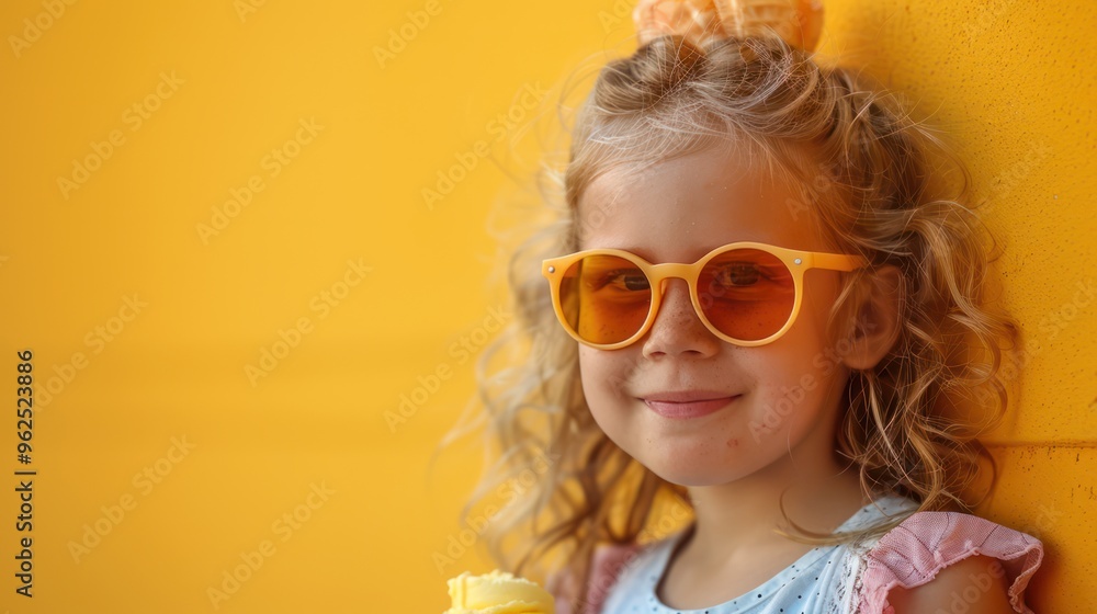 Joyful Little Girl Enjoying Delicious Ice Cream on Colorful Background Joyful Little Girl Enjoying Delicious Ice Cream on Colorful Background