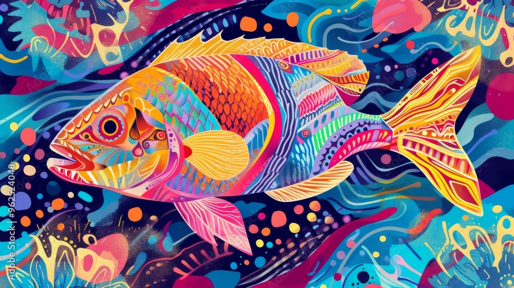 A vivid and colorful illustration of a fish, filled with intricate patterns and set in an abstract ocean scene. The use of multiple colors and detailed design elements creates a lively and dynamic A vivid and colorful illustration of a fish, filled with intricate patterns and set in an abstract ocean scene. The use of multiple colors and detailed design elements creates a lively and dynamic