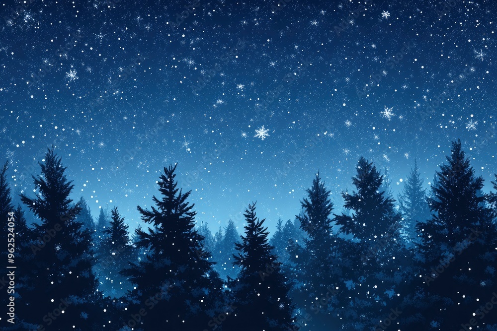 Christmas Background,Winter Night sky dark blue with starry,snowy in woodland landscape with firs,coniferous forest pine and falling snow,Vector Banner for Xmas, with generative ai Christmas Background,Winter Night sky dark blue with starry,snowy in woodland landscape with firs,coniferous forest pine and falling snow,Vector Banner for Xmas, with generative ai