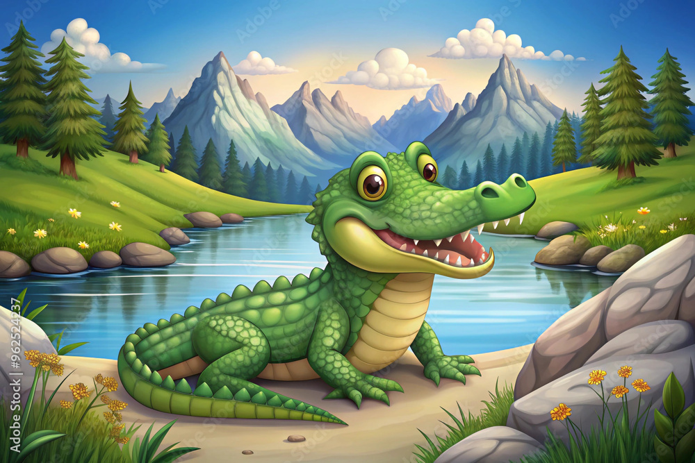 A Smiling Crocodile by a River in a Mountainous Landscape A Smiling Crocodile by a River in a Mountainous Landscape