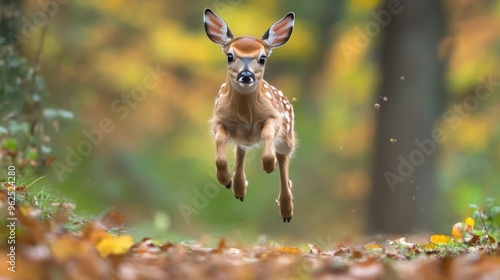 A White-Tailed Deer Fawn Leaping Through Autumn Leaves photo