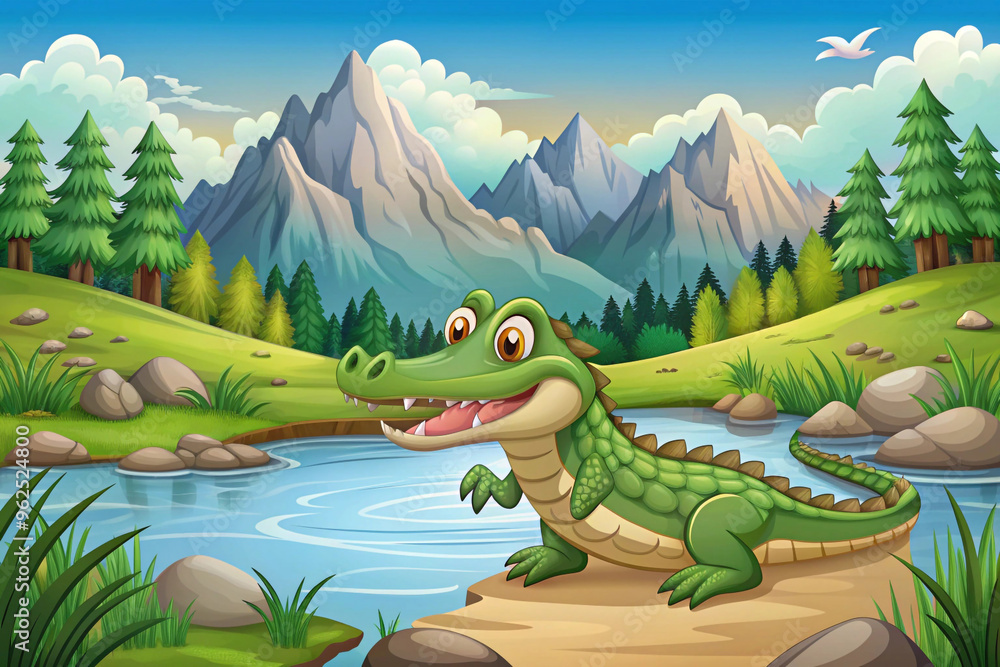 A Green Crocodile Sitting by a Lake in a Mountainous Landscape A Green Crocodile Sitting by a Lake in a Mountainous Landscape