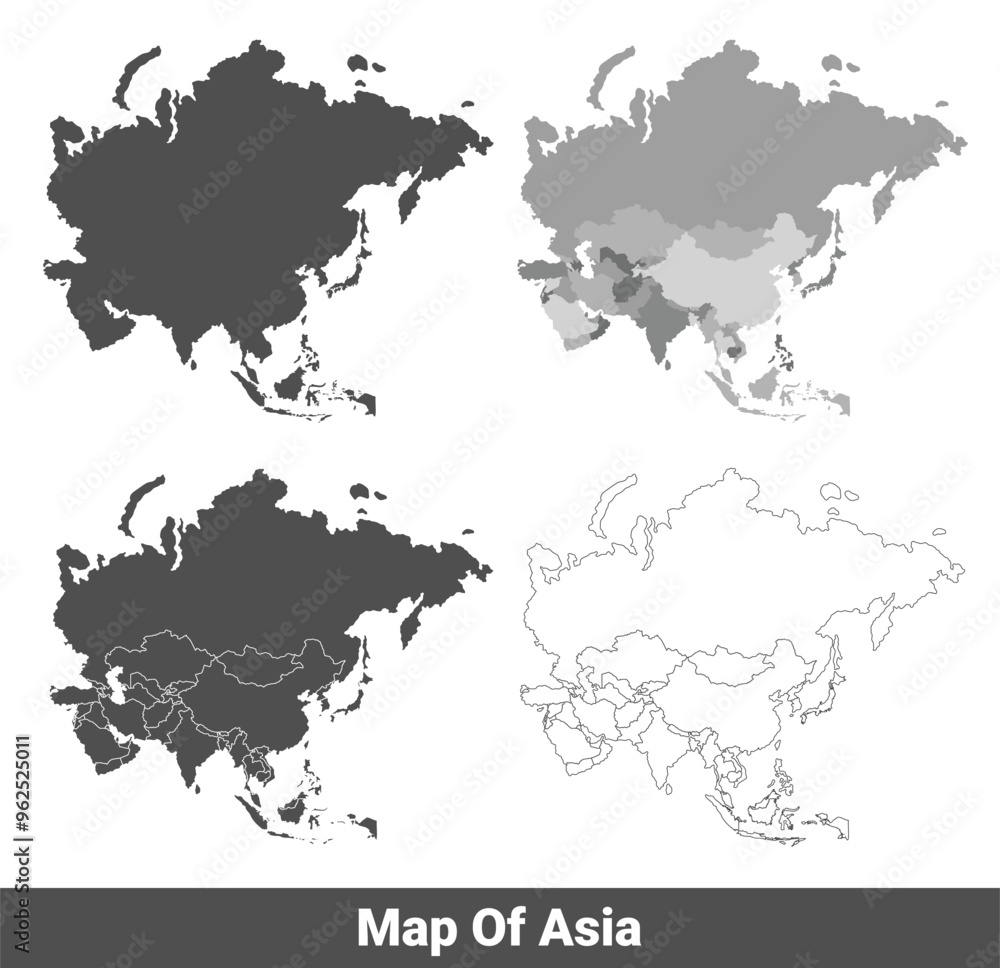 Fototapeta premium Collection of Asia country grey political maps set with border outline vector illustration