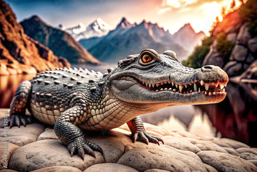 Crocodile Perched on Rocky Outcrop Against Mountain Range at Sunset Crocodile Perched on Rocky Outcrop Against Mountain Range at Sunset