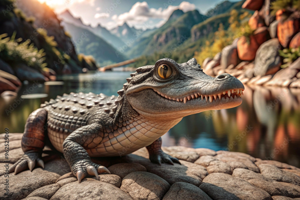 Baby Crocodile Perched on Rocks by a Mountain Lake Baby Crocodile Perched on Rocks by a Mountain Lake