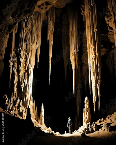  in a deep cave, stalactites and stalagmites gleam in the dim light, creating stunning natural sculptures untouched by human hands photo