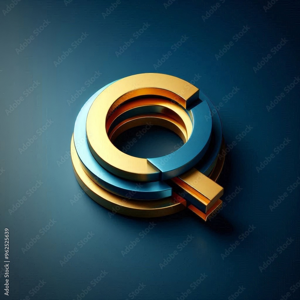 3D rendering of the letter Q made of gold and blue rings on a dark blue background. 3D rendering of the letter Q made of gold and blue rings on a dark blue background.