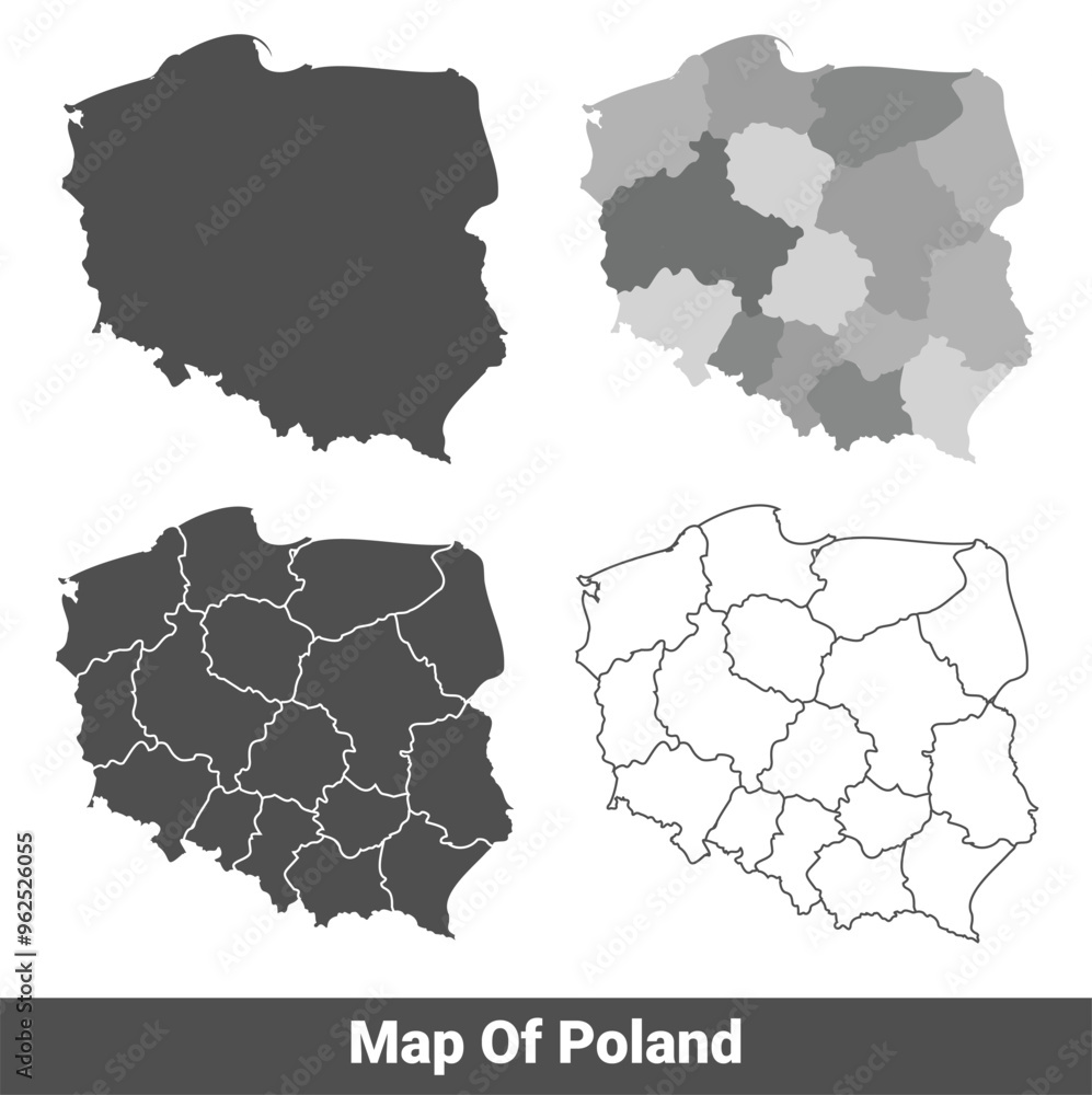 Fototapeta premium Collection of Poland country grey political maps set with border outline vector illustration