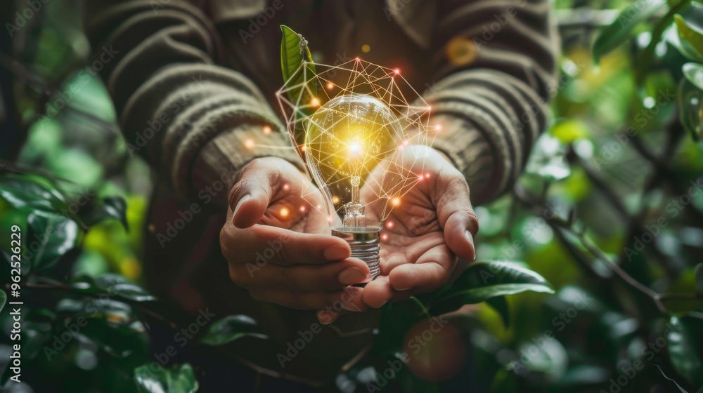 custom made wallpaper toronto digitalA businessman holds a light bulb and CSR icon while interacting with digital data networks. The focus is on sustainability, ethical business practices, and promoting social good and environmental stew