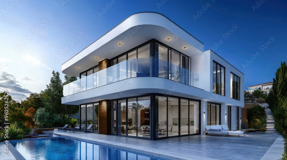 Fototapeta premium A luxury modern villa with a glass balcony and a spacious outdoor pool, showcasing sleek lines and elegant architectural design.