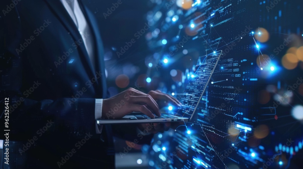 A businessman uses a laptop with biometric identification for cyber security, highlighting data protection within a tech network involving cloud computing and data management.
A businessman uses a laptop with biometric identification for cyber security, highlighting data protection within a tech network involving cloud computing and data management.