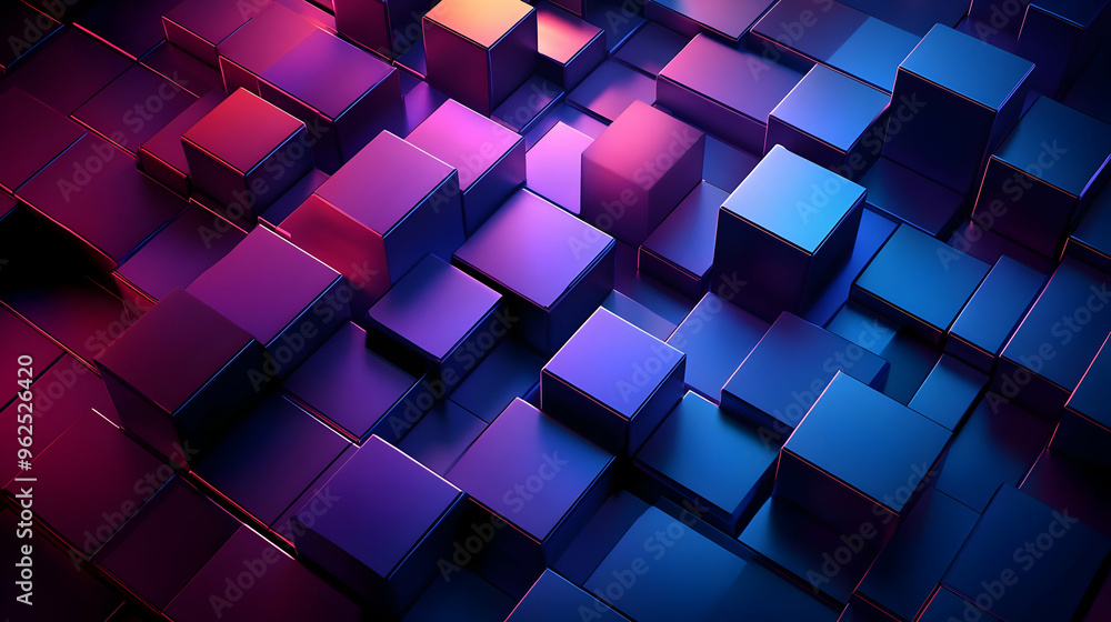 Abstract 3D Animation with Neon Lights on Geometric Shapes, Purple and Blue Cubes Moving Smoothly, Modern and Stylish Abstract Background Abstract 3D Animation with Neon Lights on Geometric Shapes, Purple and Blue Cubes Moving Smoothly, Modern and Stylish Abstract Background