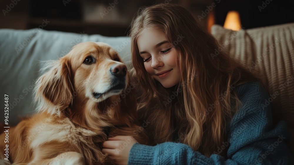 Girl with a Golden Retriever Dog on a Couch Girl with a Golden Retriever Dog on a Couch