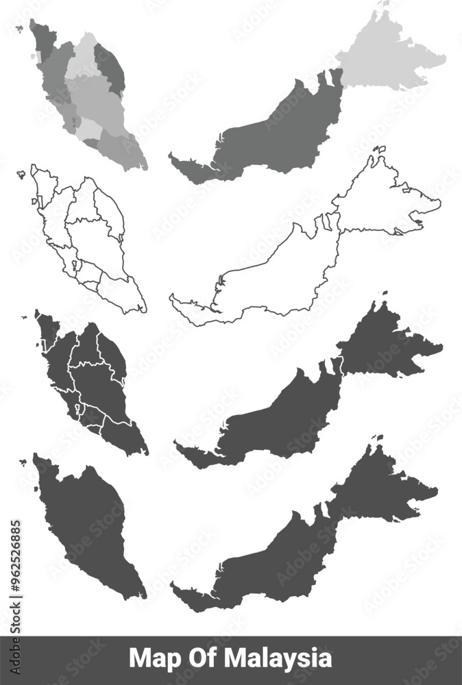 Collection of Malaysia country grey political maps set with border outline vector illustration Collection of Malaysia country grey political maps set with border outline vector illustration