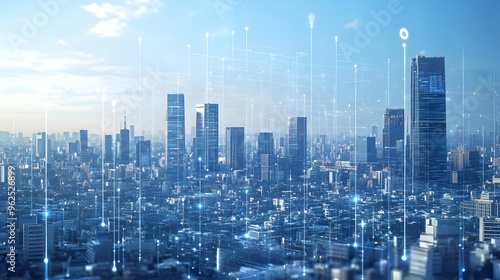 Wallpaper Mural Abstract Cityscape with Futuristic Digital Network Connections and Blue Sky Torontodigital.ca