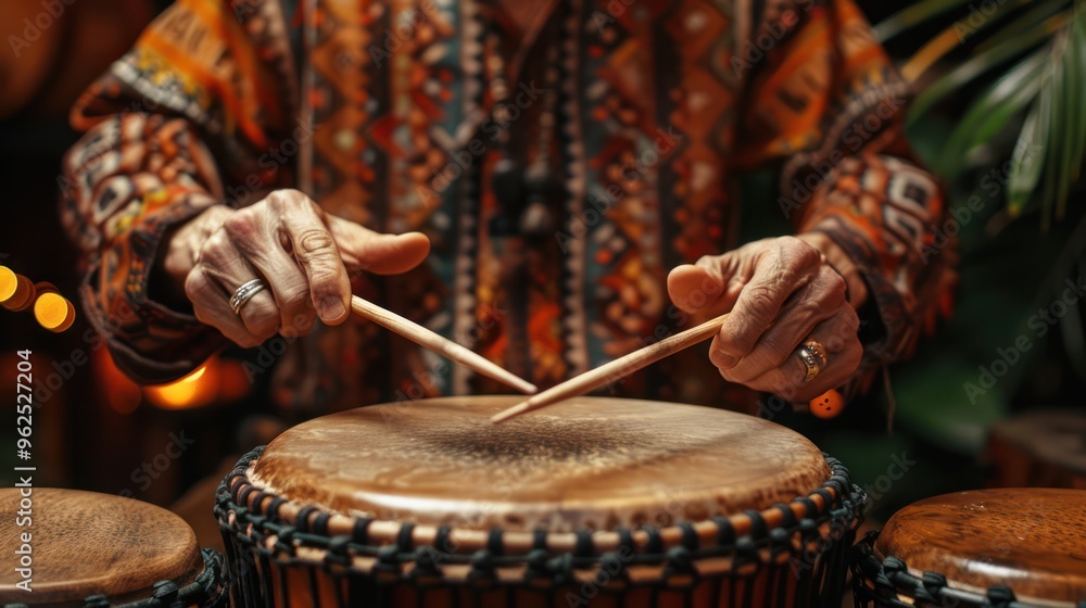 Rhythmic Beats: Man Playing Percussion Instrument with Sticks on Dark Background Rhythmic Beats: Man Playing Percussion Instrument with Sticks on Dark Background