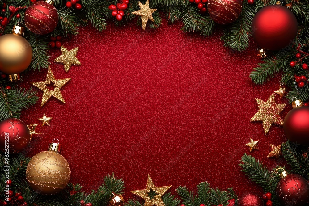 Christmas holiday background. Christmas tree frame with ornaments, stars. Gold and red glitter Christmas corner decorations. Free space for text in the middle. with generative ai Christmas holiday background. Christmas tree frame with ornaments, stars. Gold and red glitter Christmas corner decorations. Free space for text in the middle. with generative ai