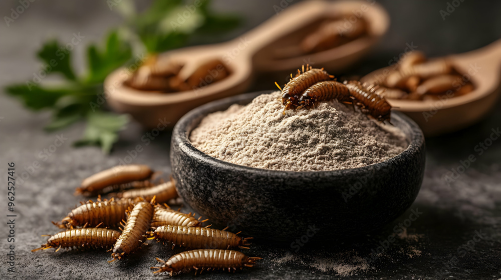 Close-up of a Bowl of Ground Insects with Whole Insects Scattered Around, Showing the Potential for Insects as a Sustainable Food Source Close-up of a Bowl of Ground Insects with Whole Insects Scattered Around, Showing the Potential for Insects as a Sustainable Food Source