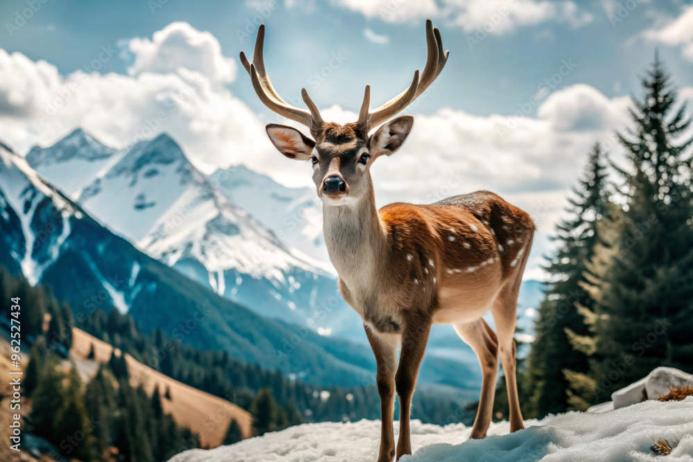 A Spotted Deer Stands on a Snowy Mountainside with a Mountain Range in the Background A Spotted Deer Stands on a Snowy Mountainside with a Mountain Range in the Background