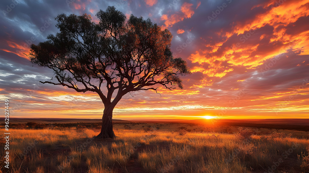 Fototapeta premium A Single Tree Stands Tall Against a Fiery Sunset, with Vivid Colors in the Sky Above a Meadow