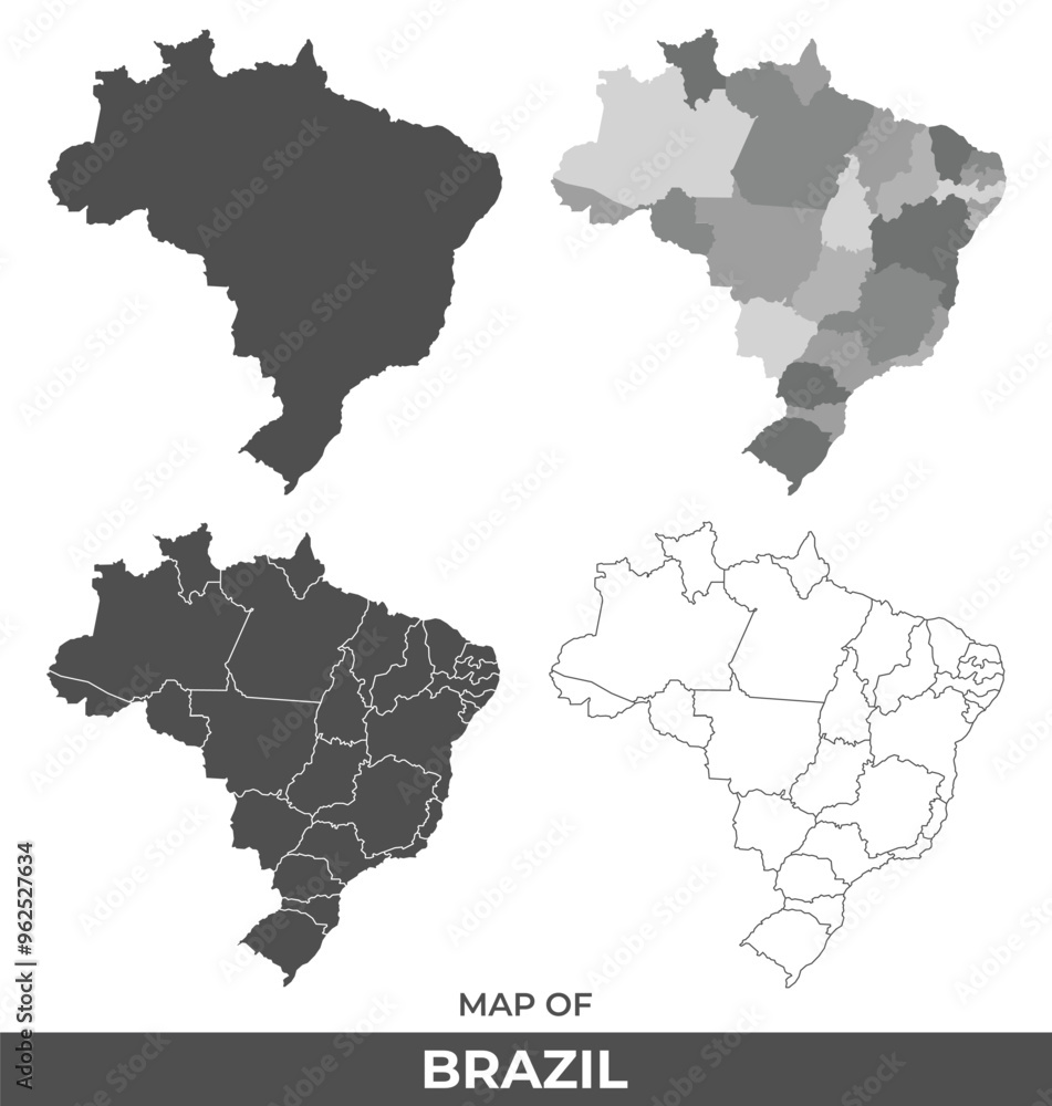 Collection of Brazil country grey political maps set with border outline vector illustration Collection of Brazil country grey political maps set with border outline vector illustration