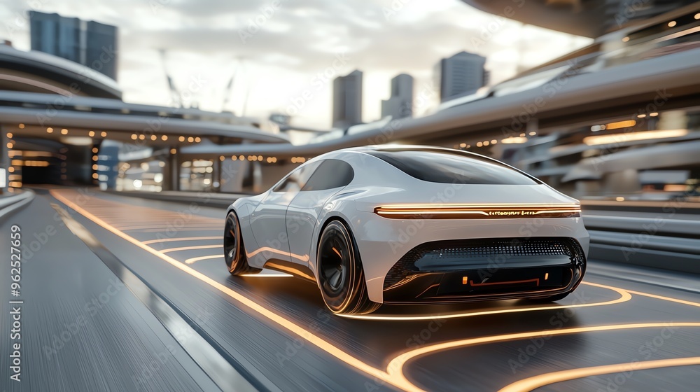 11 An AI-powered self-driving car on a futuristic highway, with glowing paths indicating its route, symbolizing autonomous transportation 11 An AI-powered self-driving car on a futuristic highway, with glowing paths indicating its route, symbolizing autonomous transportation