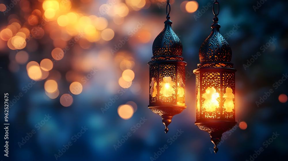 Intricate Ornamental Lanterns Glowing with Warm Light Against a Blurred Background of Golden Bokeh Lights Intricate Ornamental Lanterns Glowing with Warm Light Against a Blurred Background of Golden Bokeh Lights