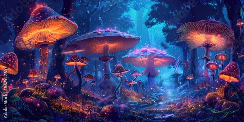 Enchanting luminescent mushrooms illuminate a magical forest path during twilight, creating a mystical atmosphere filled with vibrant colors and enchanting details