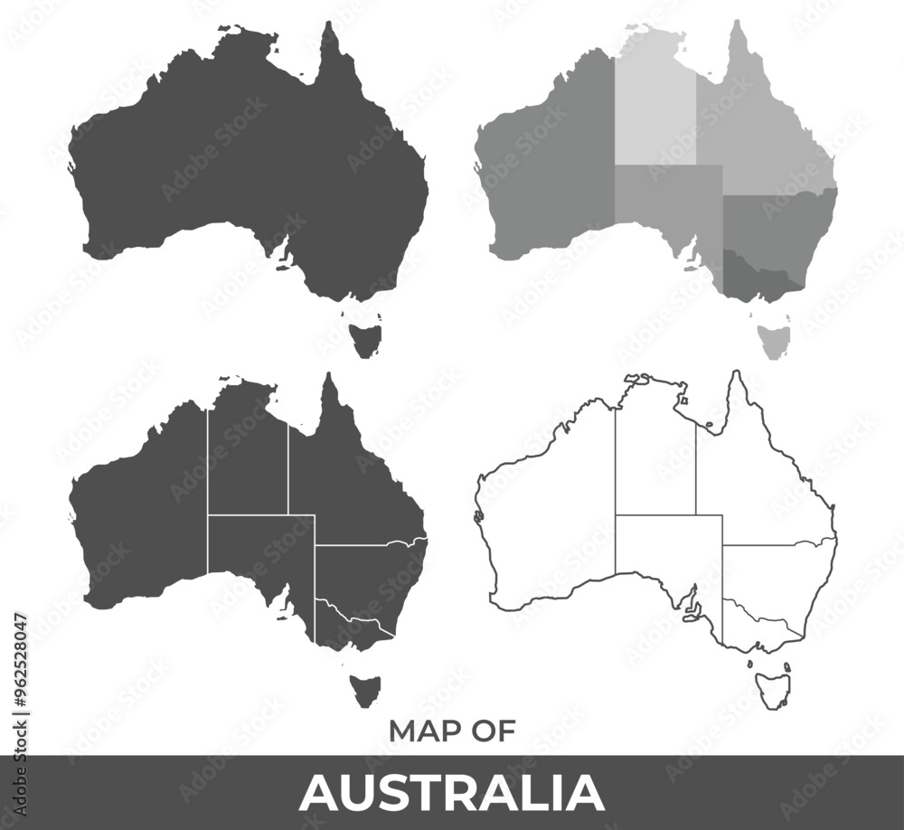 Obraz premium Collection of Australia country grey political maps set with border outline vector illustration
