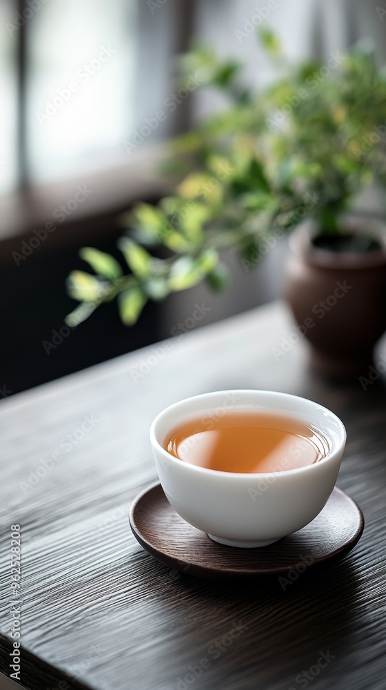 Serene White Teacup on Dark Wooden Table with Lush Greenery Background Serene White Teacup on Dark Wooden Table with Lush Greenery Background
