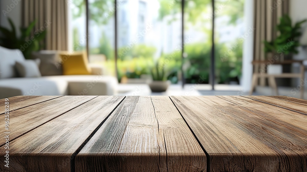 Empty Wood Table Top with Blurred Living Room Background. This image showcases a wooden table surface in the foreground, with a soft blur of a cozy living room scene in the background Empty Wood Table Top with Blurred Living Room Background. This image showcases a wooden table surface in the foreground, with a soft blur of a cozy living room scene in the background
