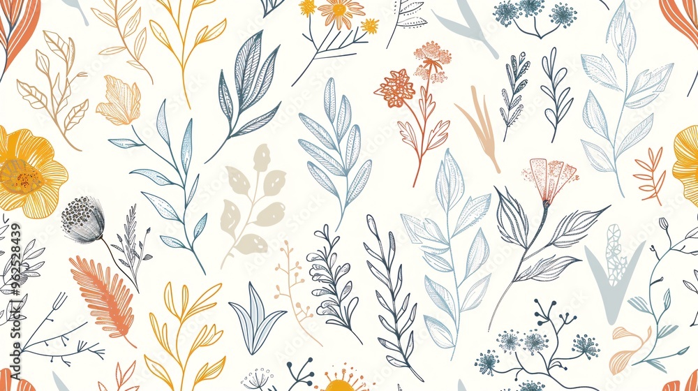121. Charming vector seamless pattern featuring cute hand-drawn botanical doodles, including flowers, leaves, and branches, perfect for wallpaper, wrapping, stationery, and textile designs 121. Charming vector seamless pattern featuring cute hand-drawn botanical doodles, including flowers, leaves, and branches, perfect for wallpaper, wrapping, stationery, and textile designs