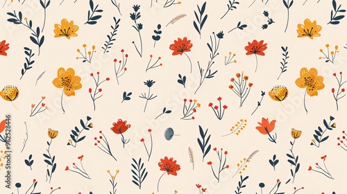 121. Charming vector seamless pattern featuring cute hand-drawn botanical doodles, including flowers, leaves, and branches, perfect for wallpaper, wrapping, stationery, and textile designs