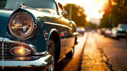 a classic car  and  other vehicles  on  a street  at sunset.