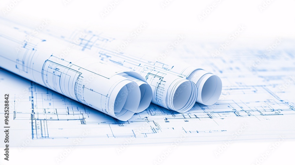Rolled architectural blueprints on a clean surface, showcasing detailed design plans. Rolled architectural blueprints on a clean surface, showcasing detailed design plans.