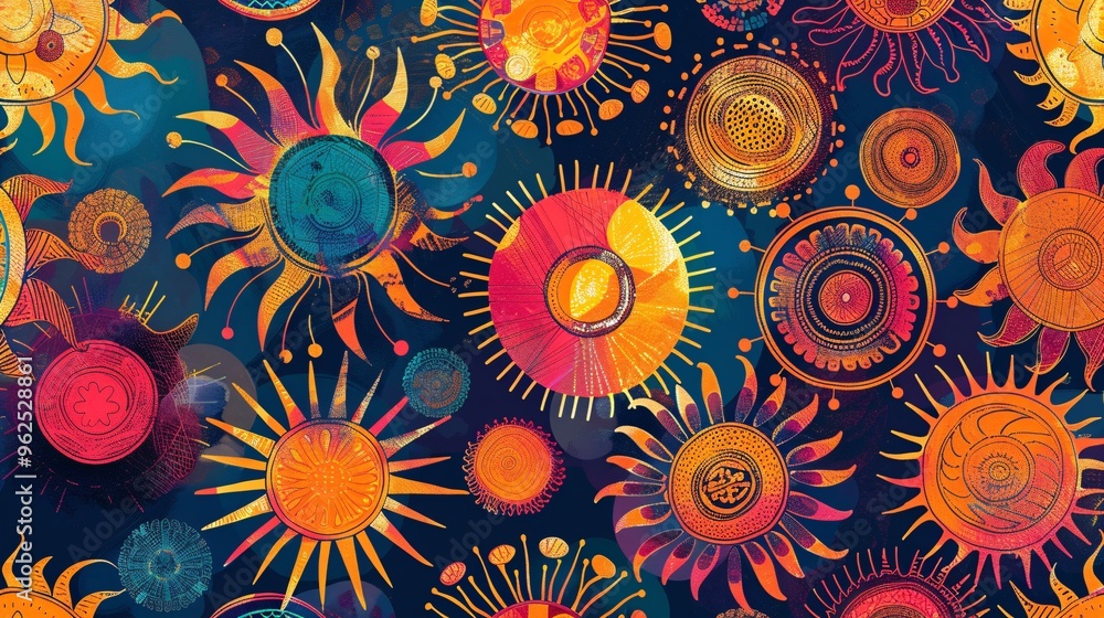 131. Vibrant seamless pattern featuring a variety of colorful suns, with intricate designs representing sunset and sunrise, perfect for creating lively and cheerful backgrounds 131. Vibrant seamless pattern featuring a variety of colorful suns, with intricate designs representing sunset and sunrise, perfect for creating lively and cheerful backgrounds